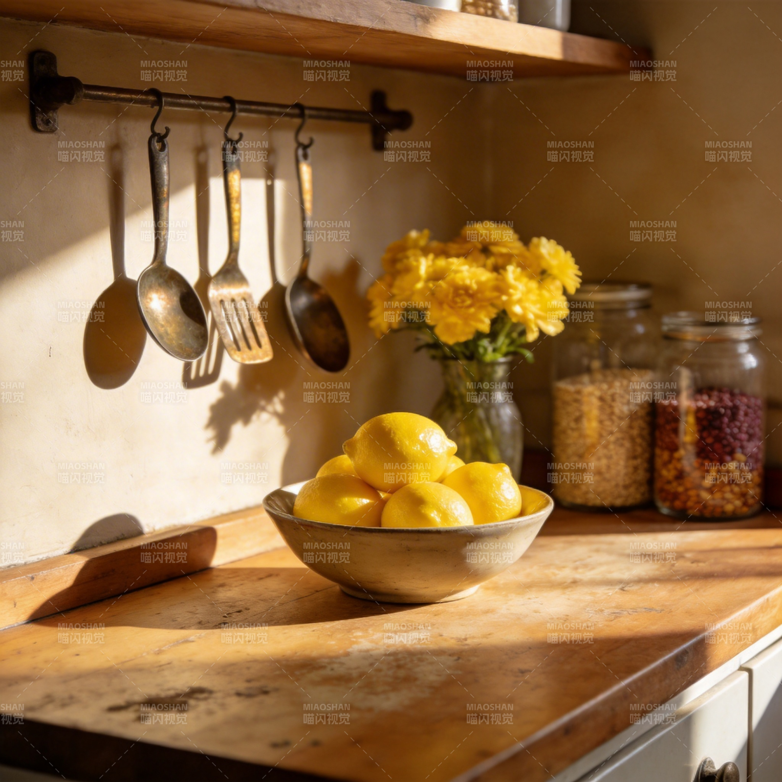 阳光下的柠檬与花图片