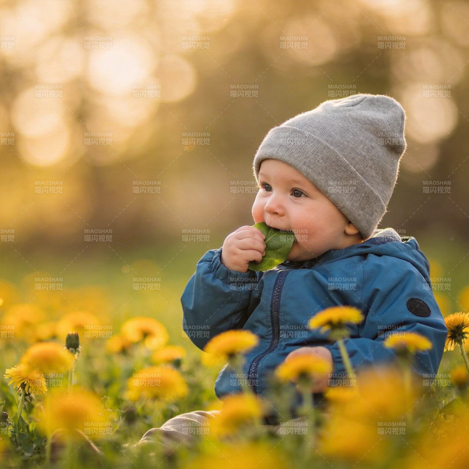 萌娃花丛吃叶图片