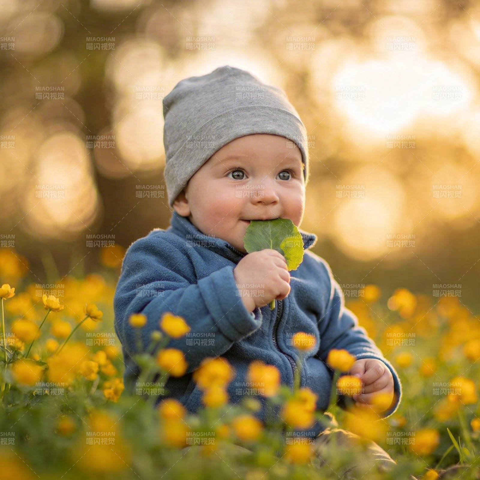 萌宝赏花吃叶图片