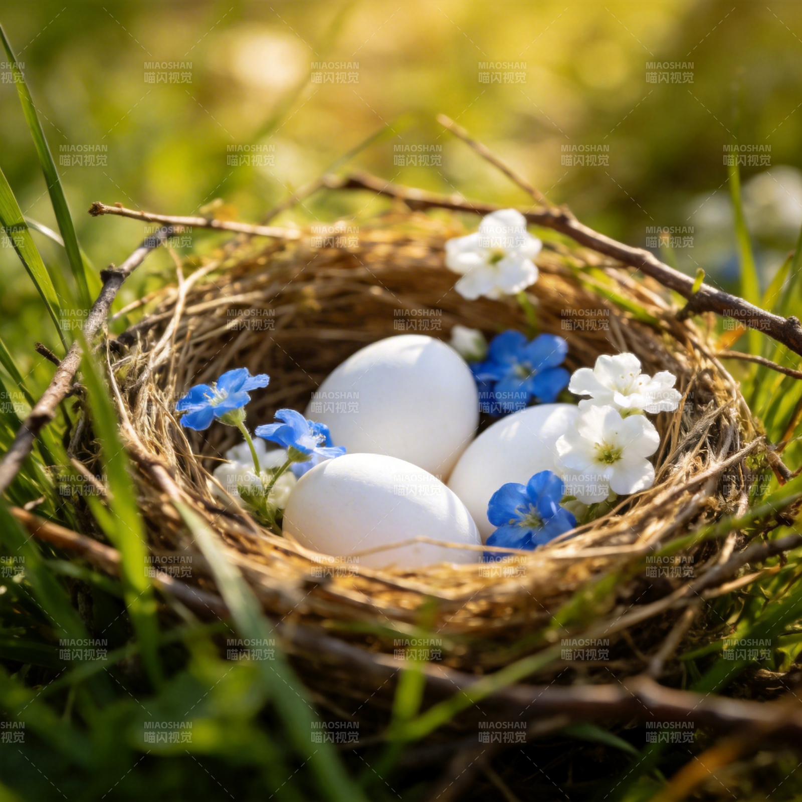 春日鸟巢中的蛋与花图片