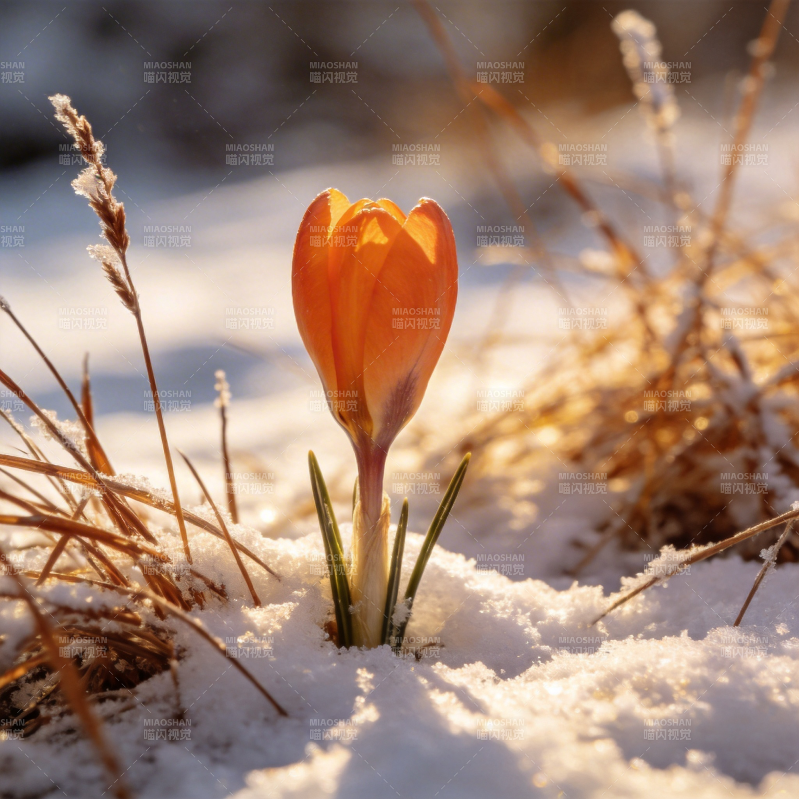 雪中绽放的橙色花图片
