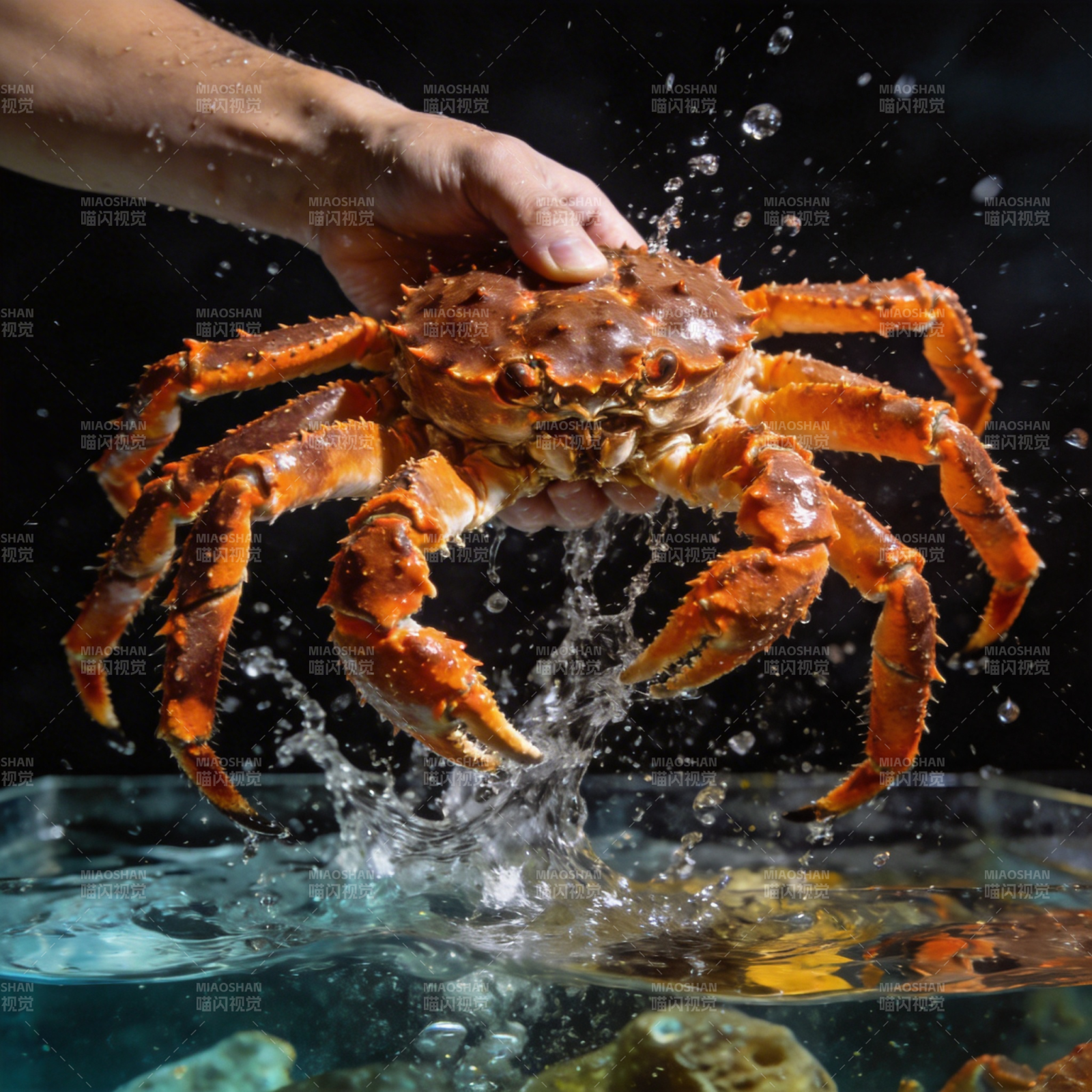 手握螃蟹跃出水面图片