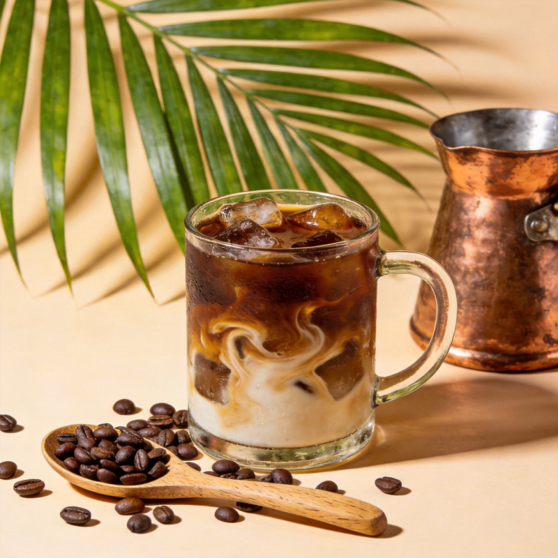 冰咖啡与咖啡豆图片