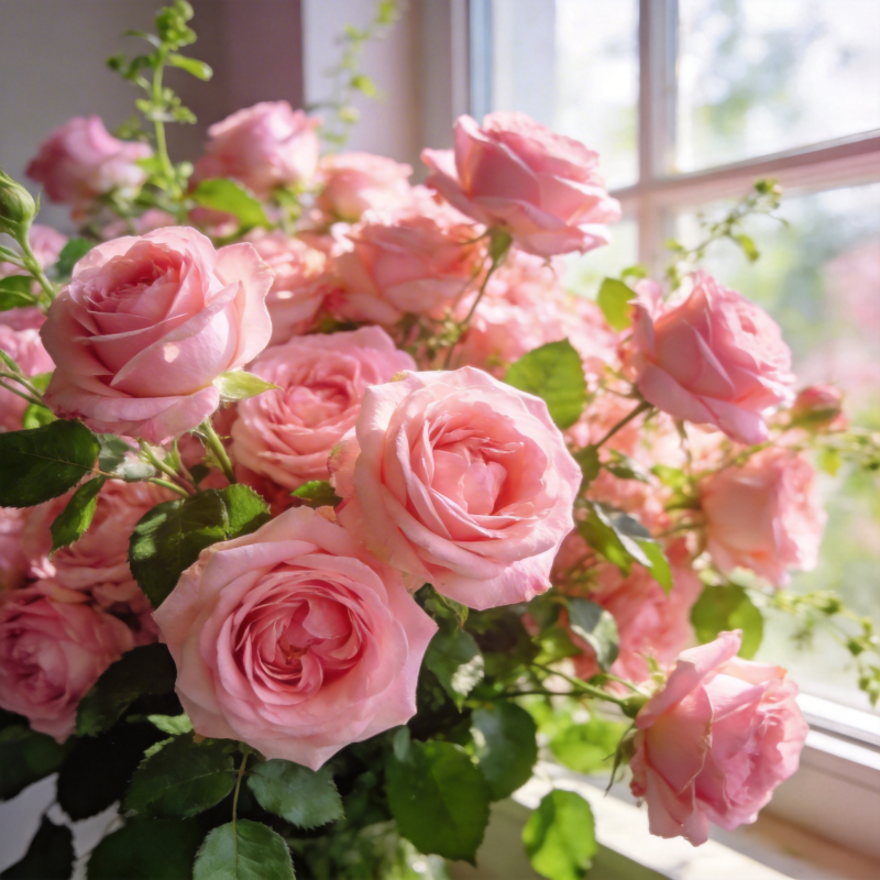 窗边粉玫瑰绽放图片