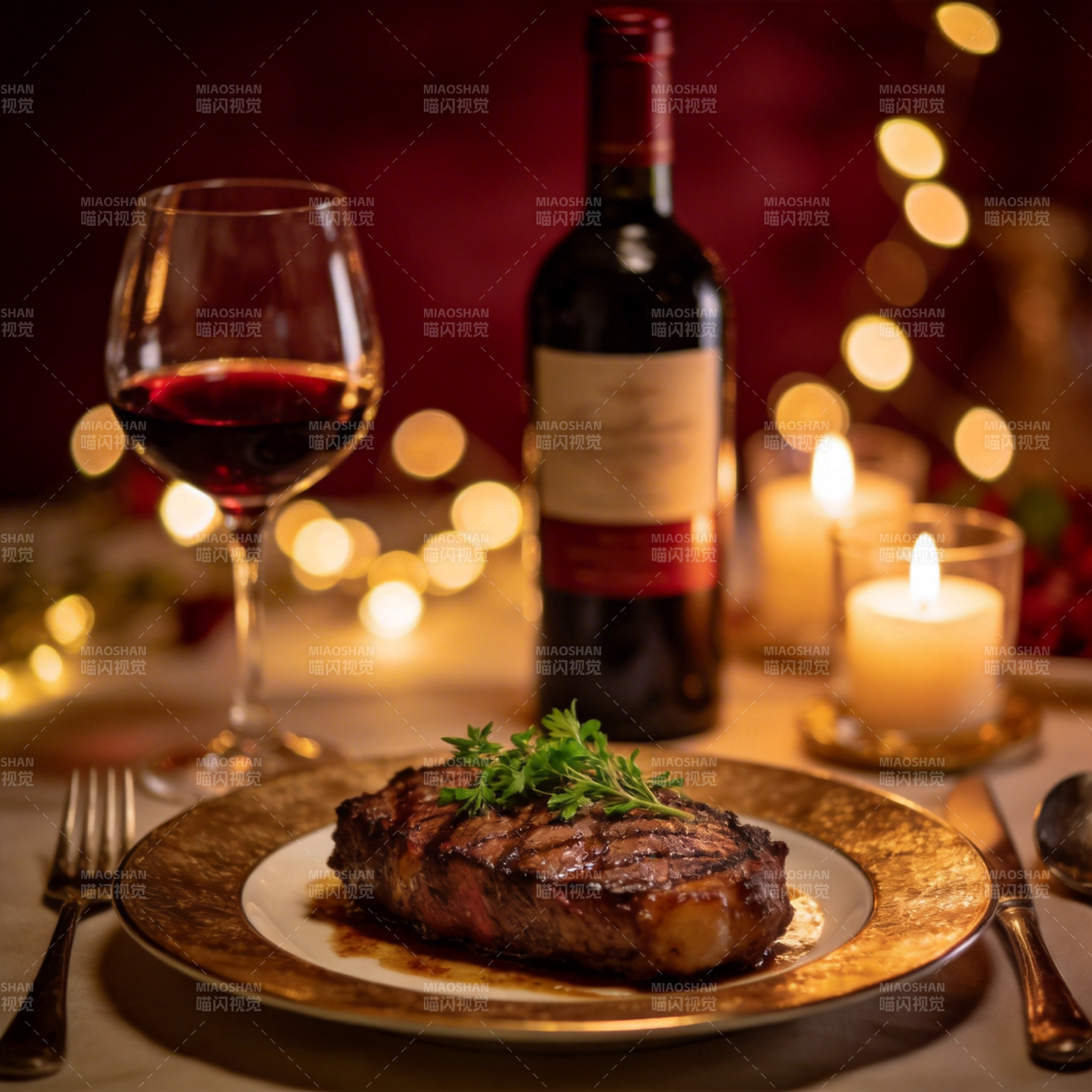 红酒牛排烛光晚餐图片