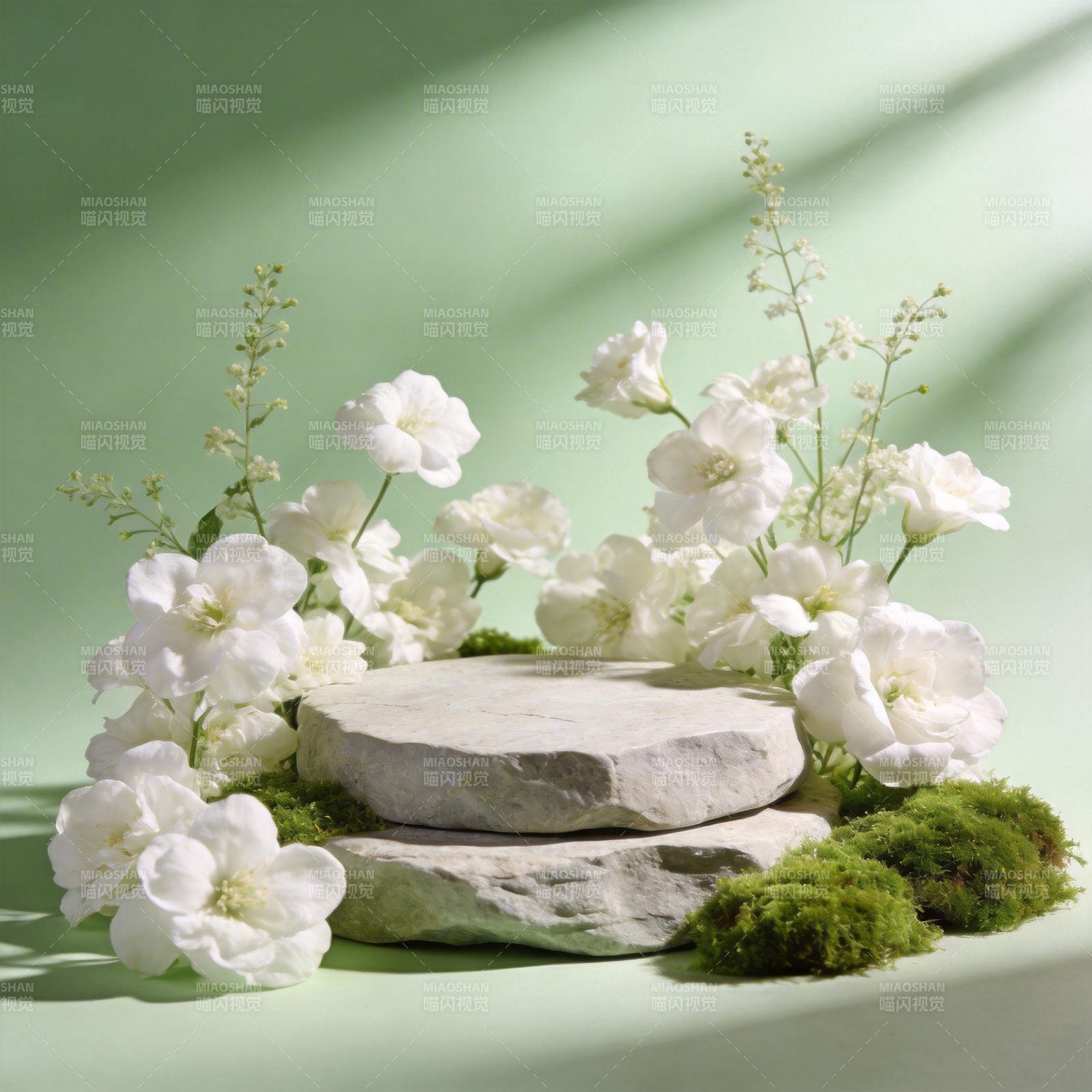 白花石台绿意盎然图片