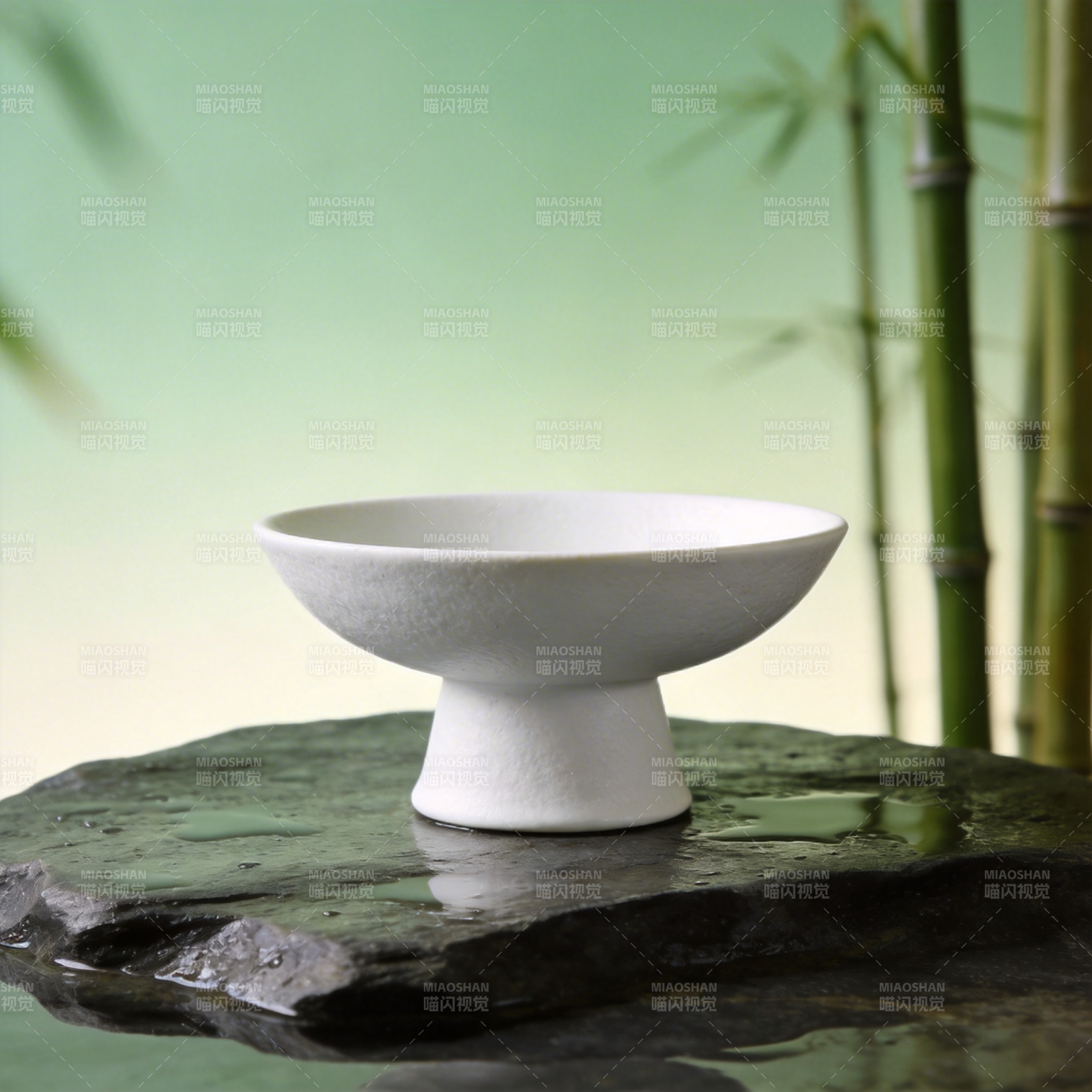 白瓷碗静置于石上图片