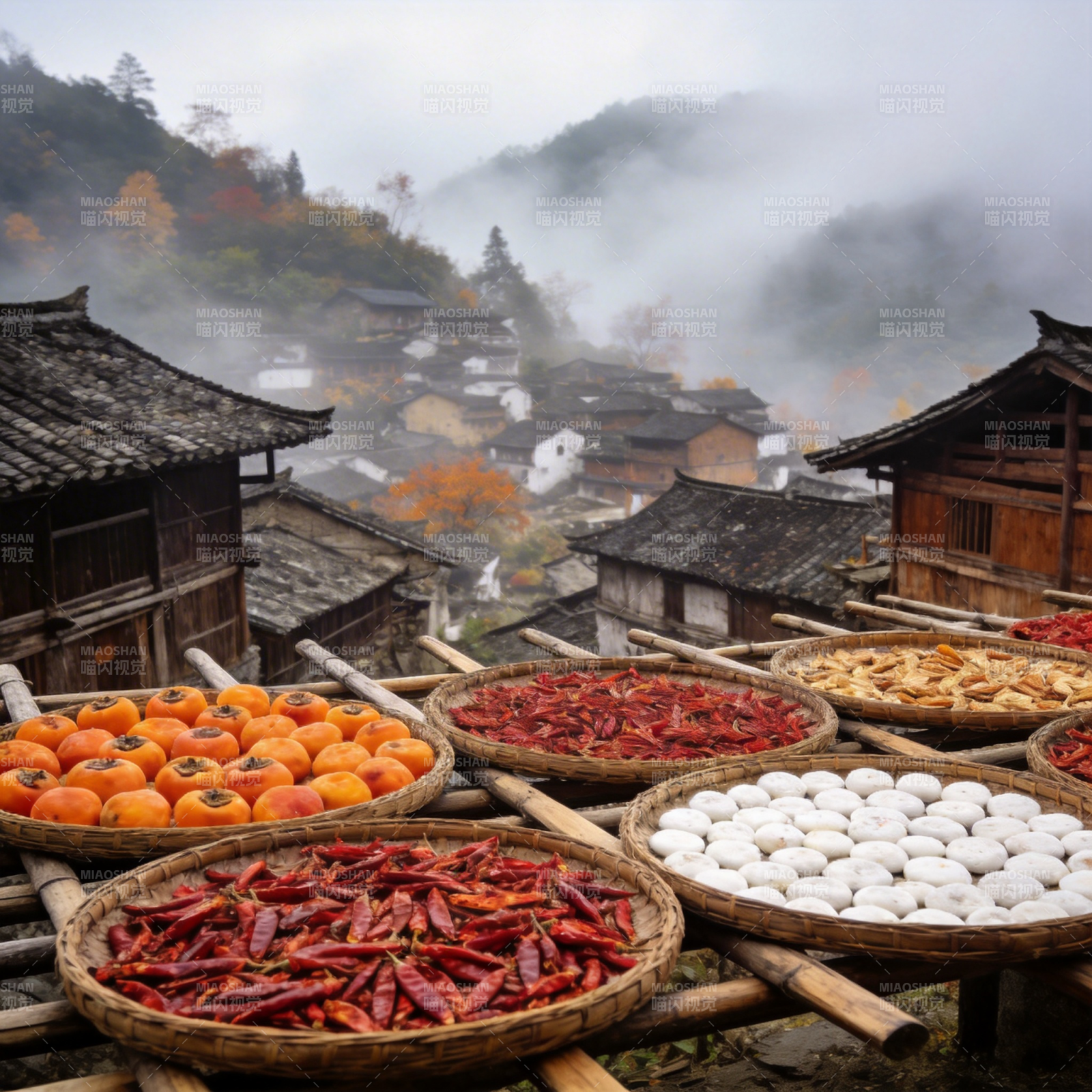 山间晒秋图图片