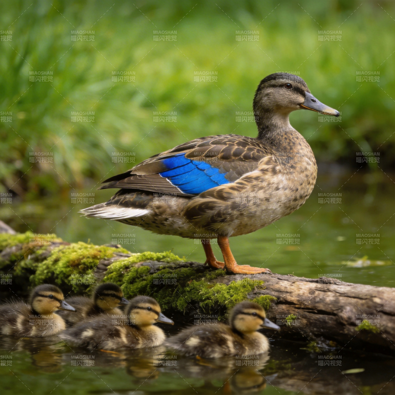 母鸭带娃游水边图片