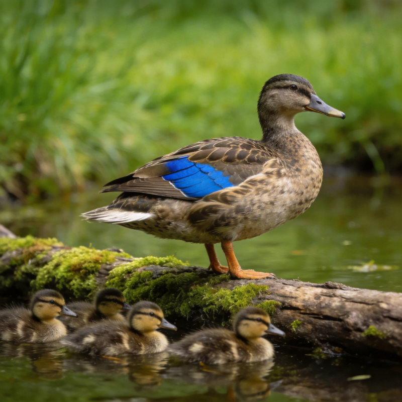 母鸭带娃游水边图片