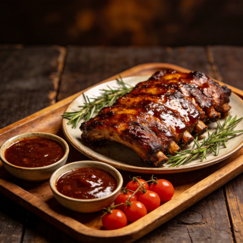 美味烤肋排配酱料图片