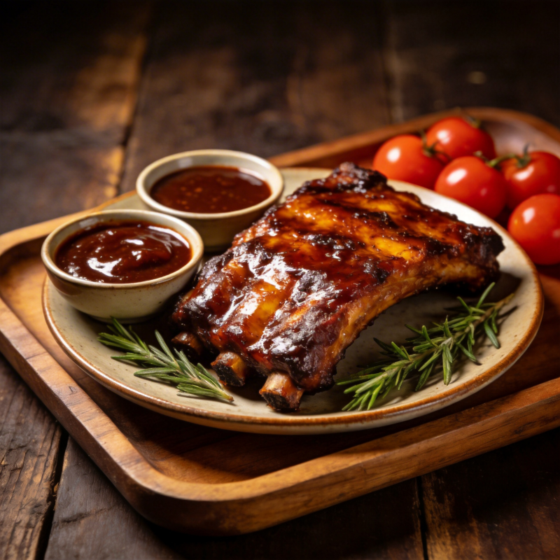 蜜汁烤肋排配酱料图片