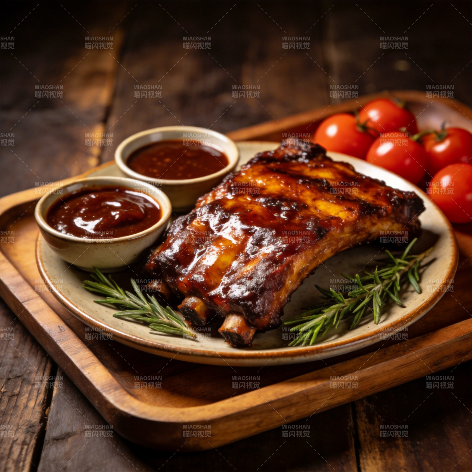 蜜汁烤肋排配酱料图片