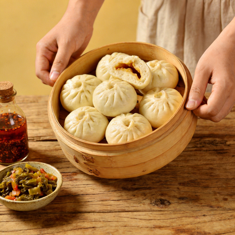 蒸笼包子配小菜图片