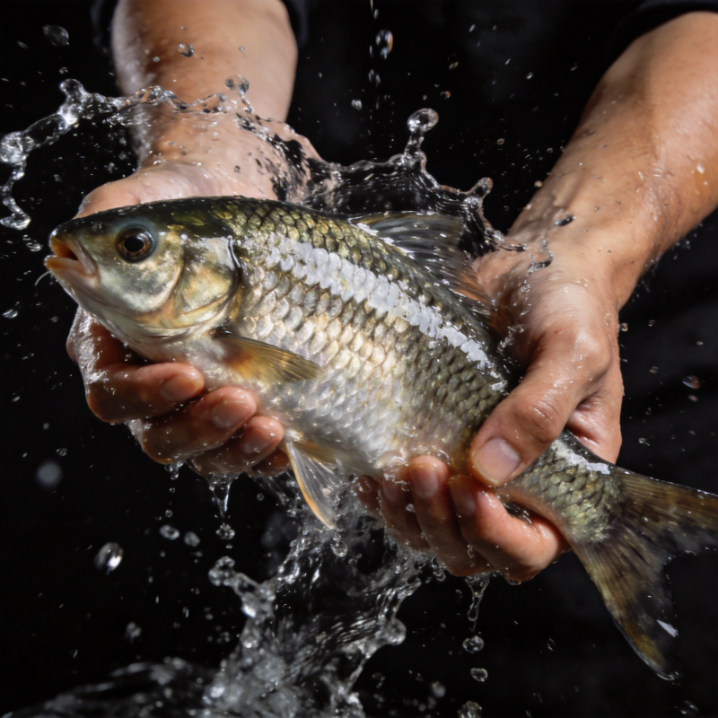 双手捧鱼 水花四溅图片