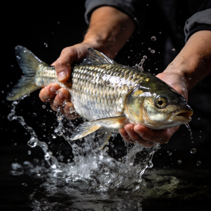 手捧活鱼 水花四溅图片