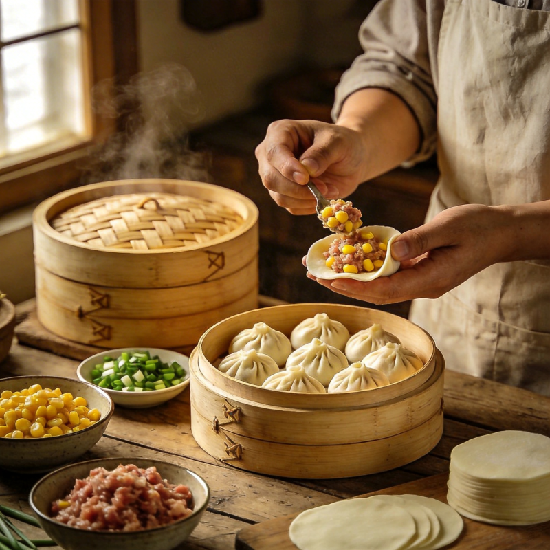 蒸笼里的美味包子图片