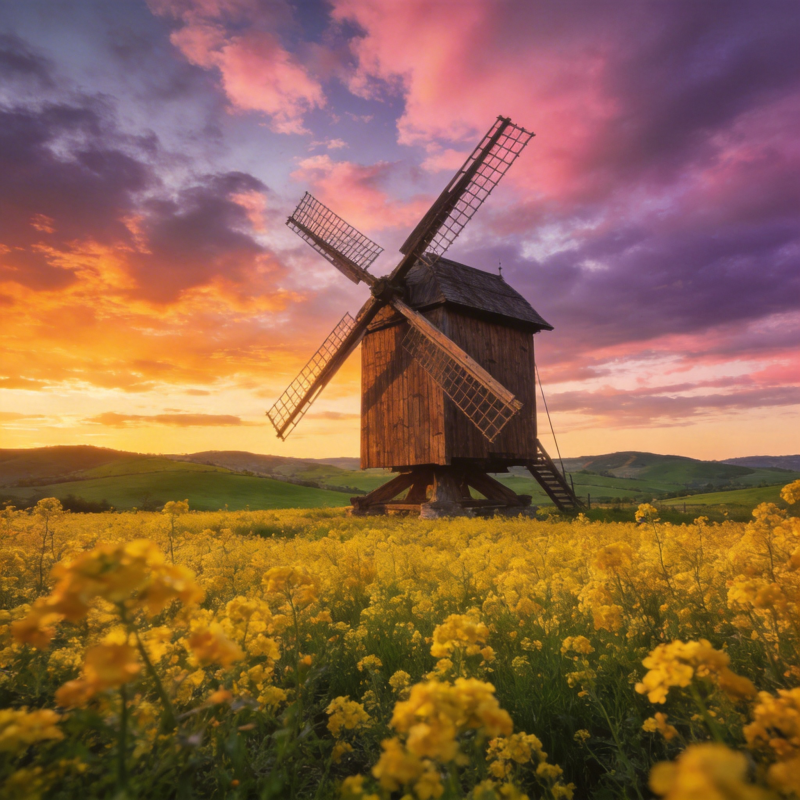 风车花海夕阳图片
