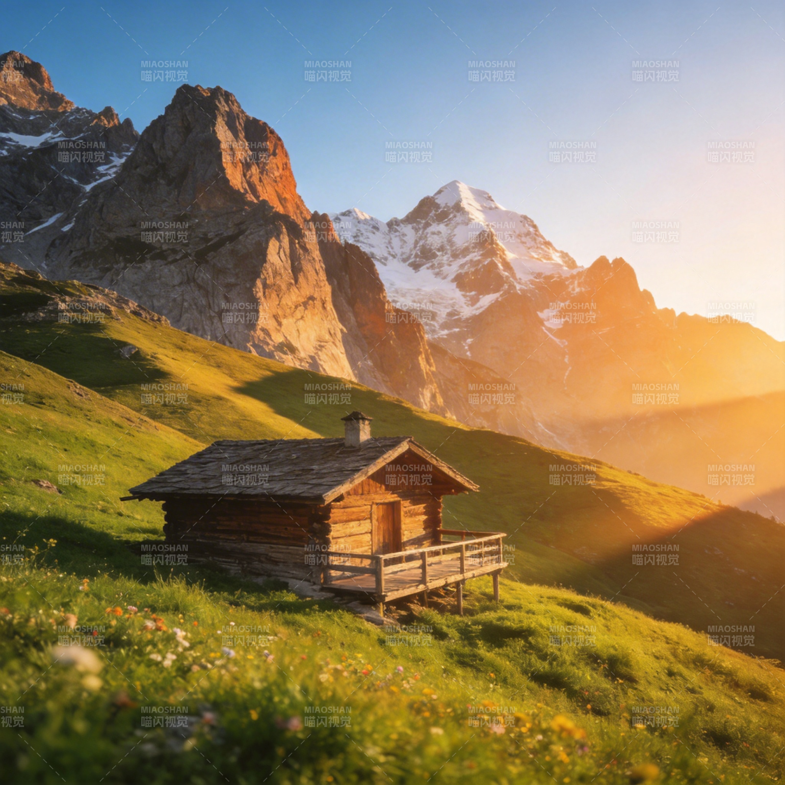 山间小屋晨曦图片