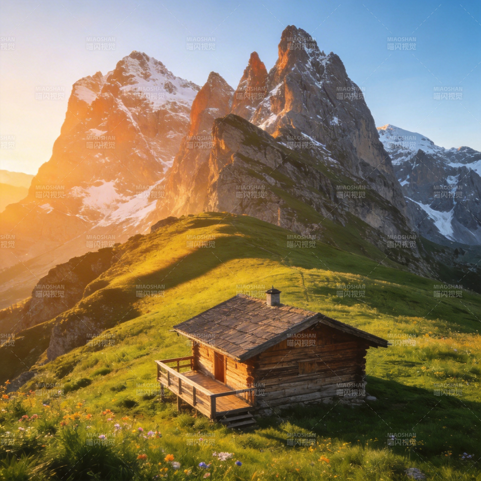 山间小屋晨光图片