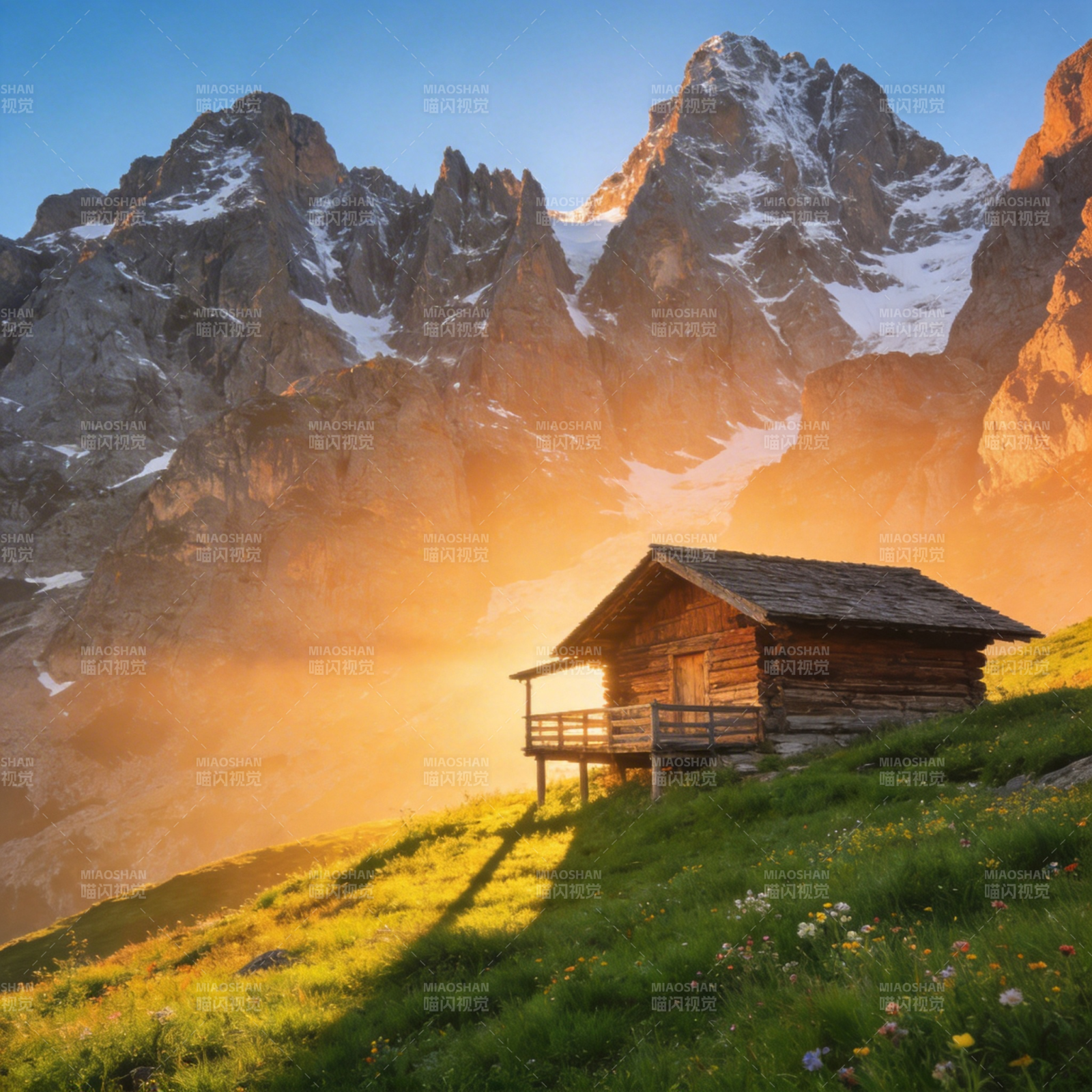 山间小屋晨曦图片