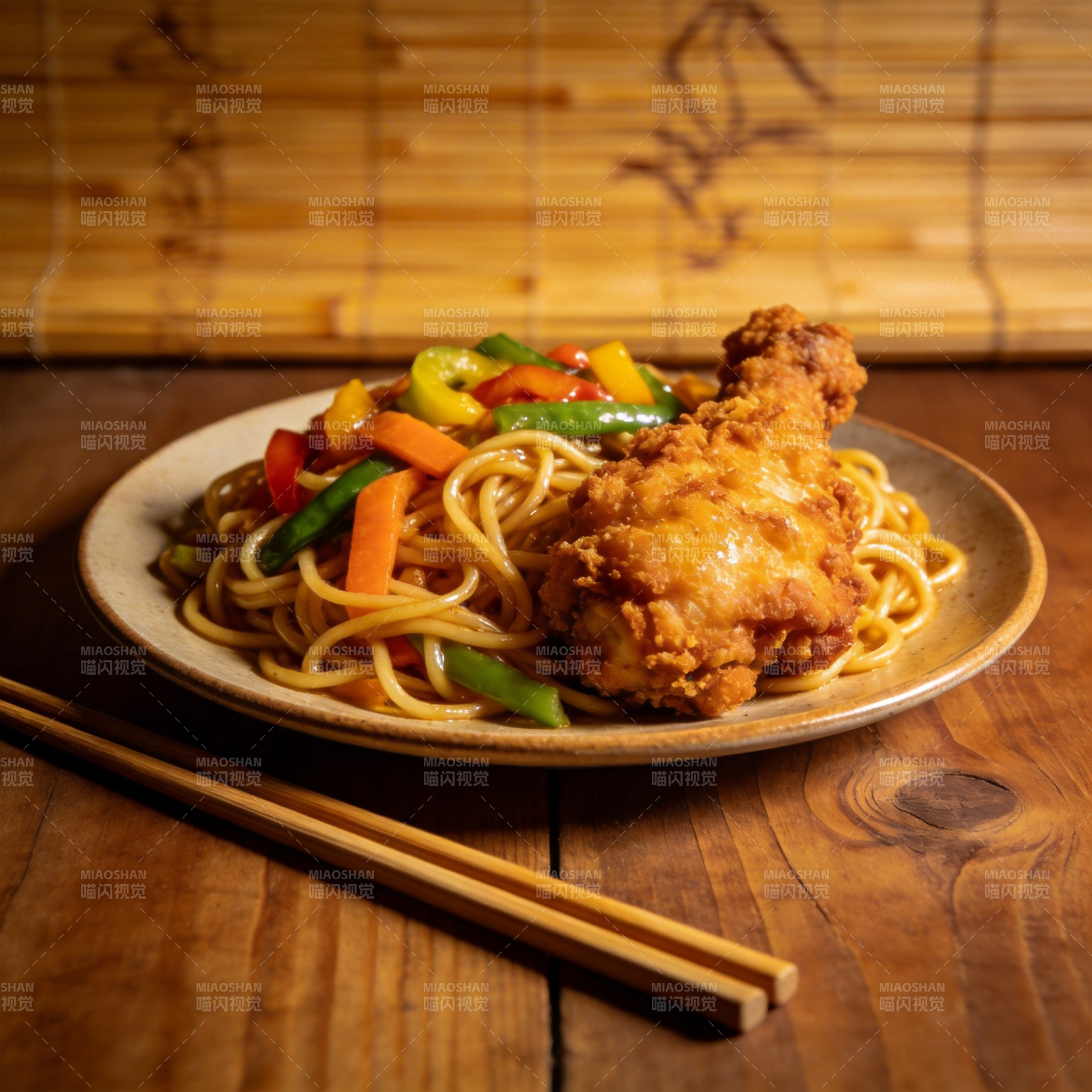 炸鸡配炒面图片