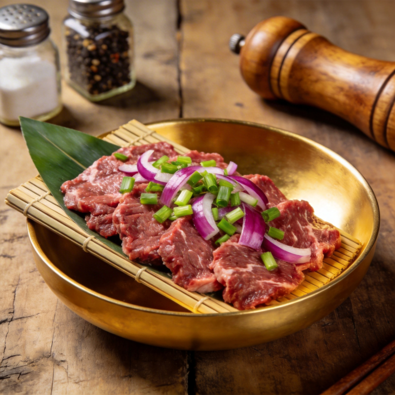 鲜嫩牛肉配葱花图片