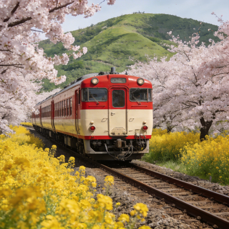 樱花列车春景图片