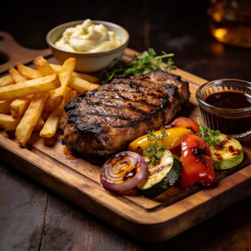 烤肉配薯条与蔬菜图片