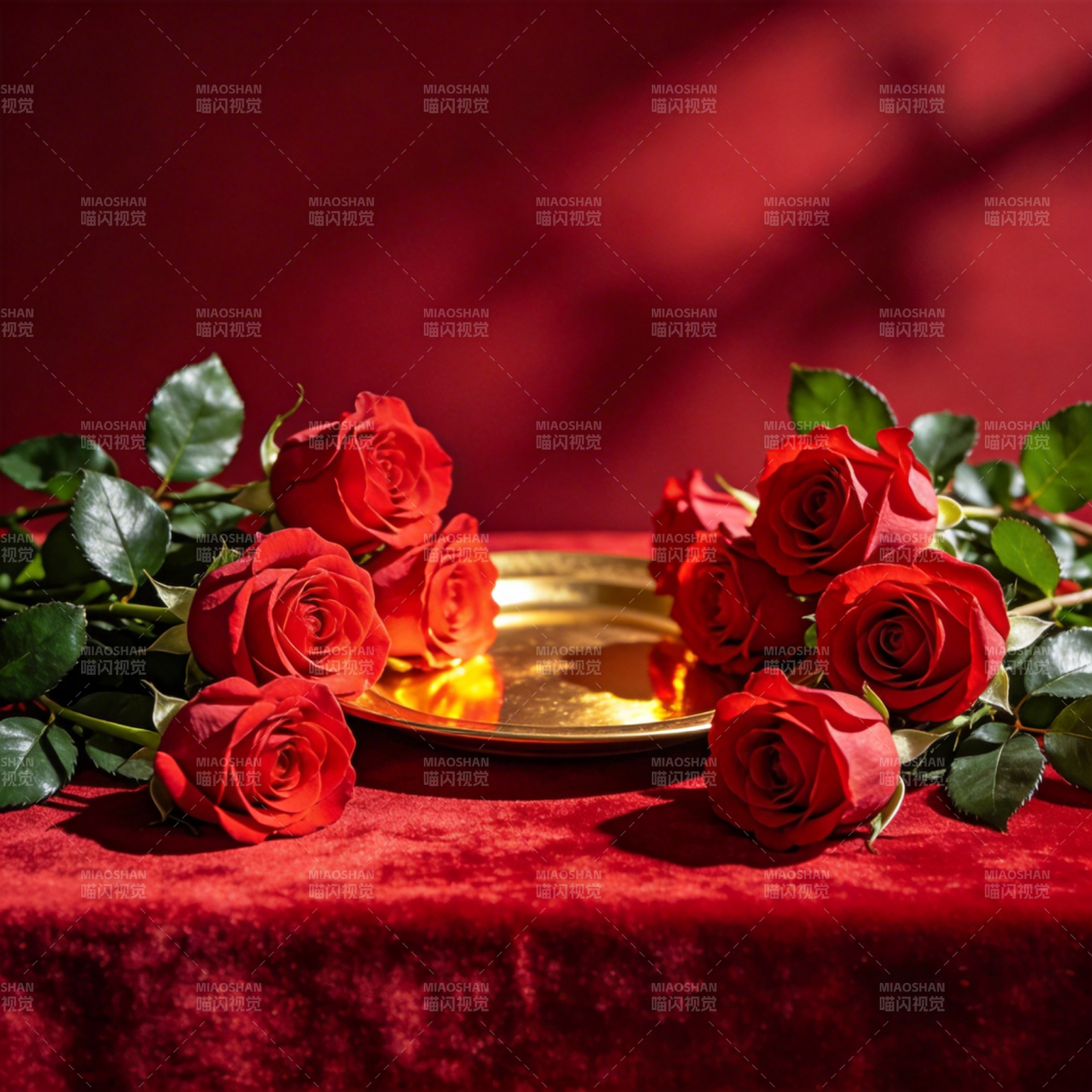 红玫瑰与金盘图片