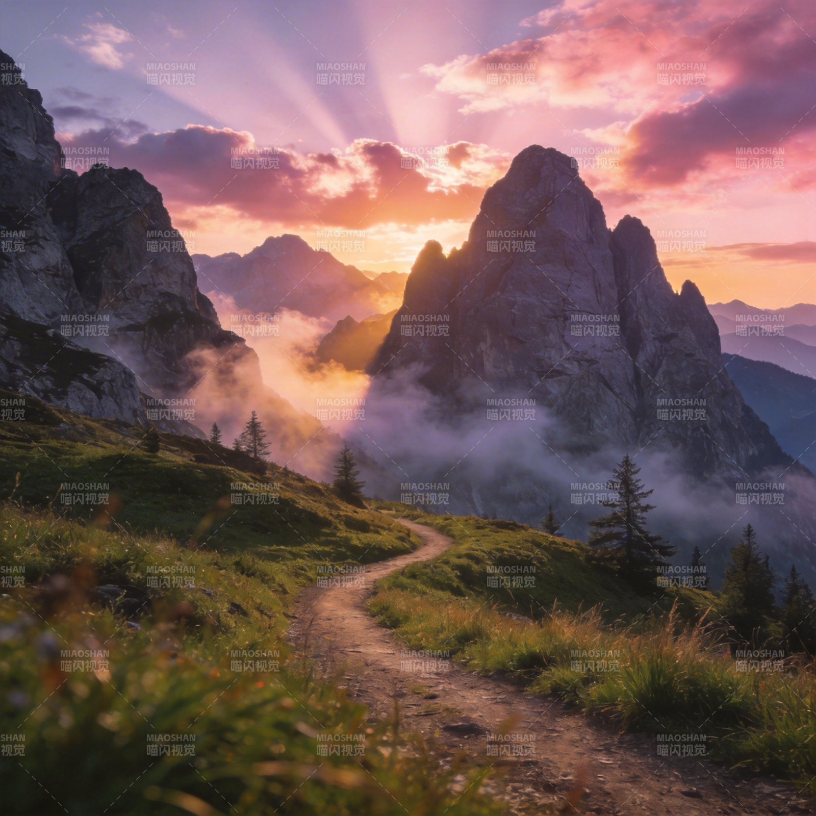 山间晨曦小径图片