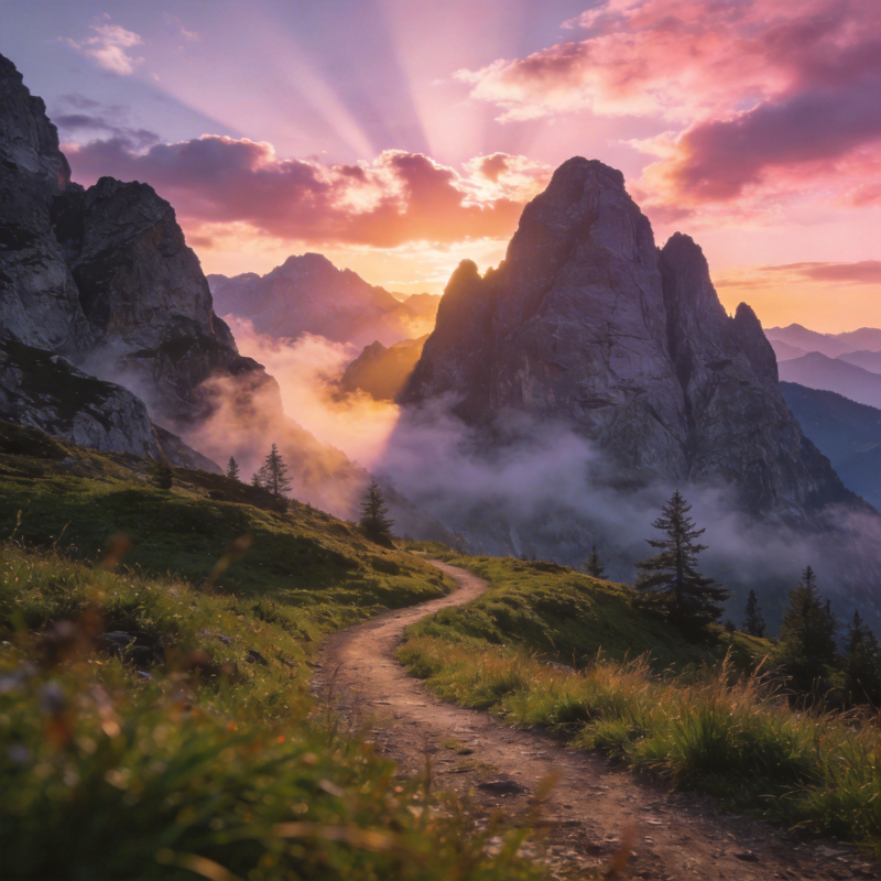山间晨曦小径图片