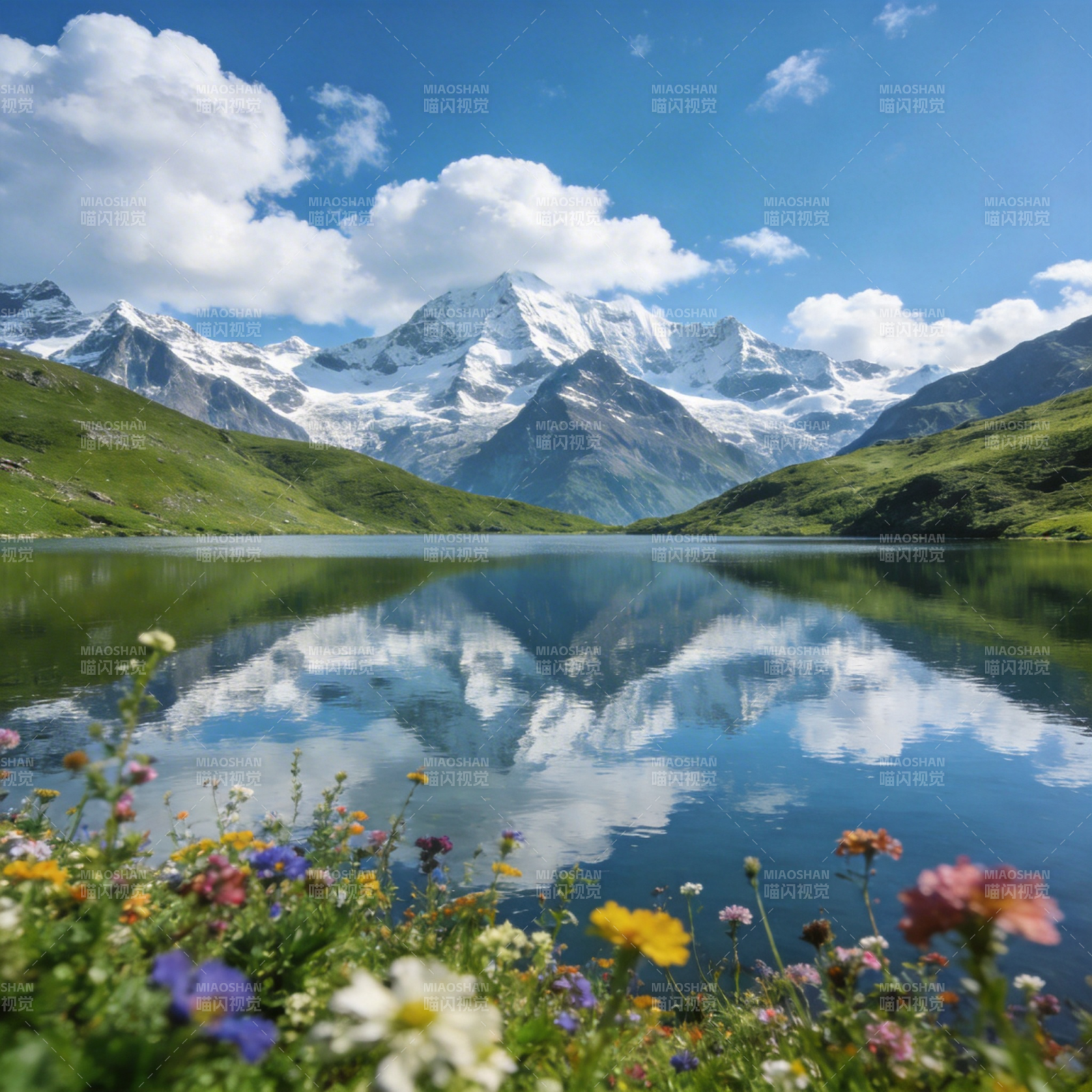 雪山映湖花自开图片