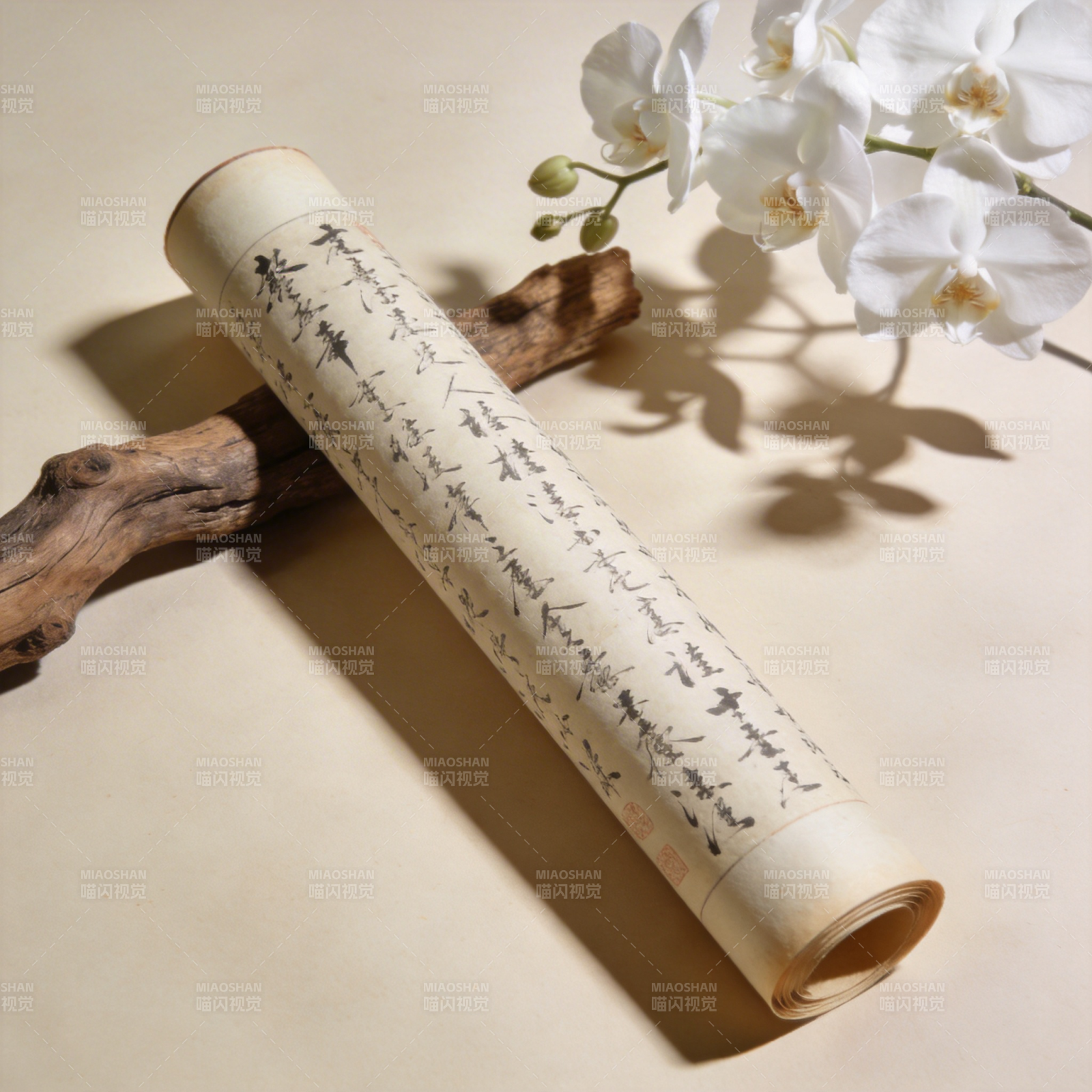 古卷书香伴花影图片