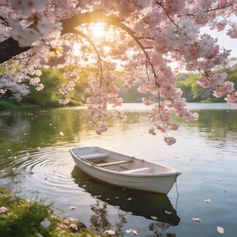 樱花映水舟图片