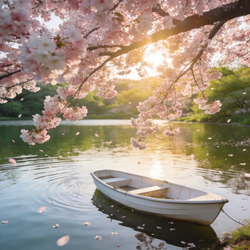 樱花映水舟图片
