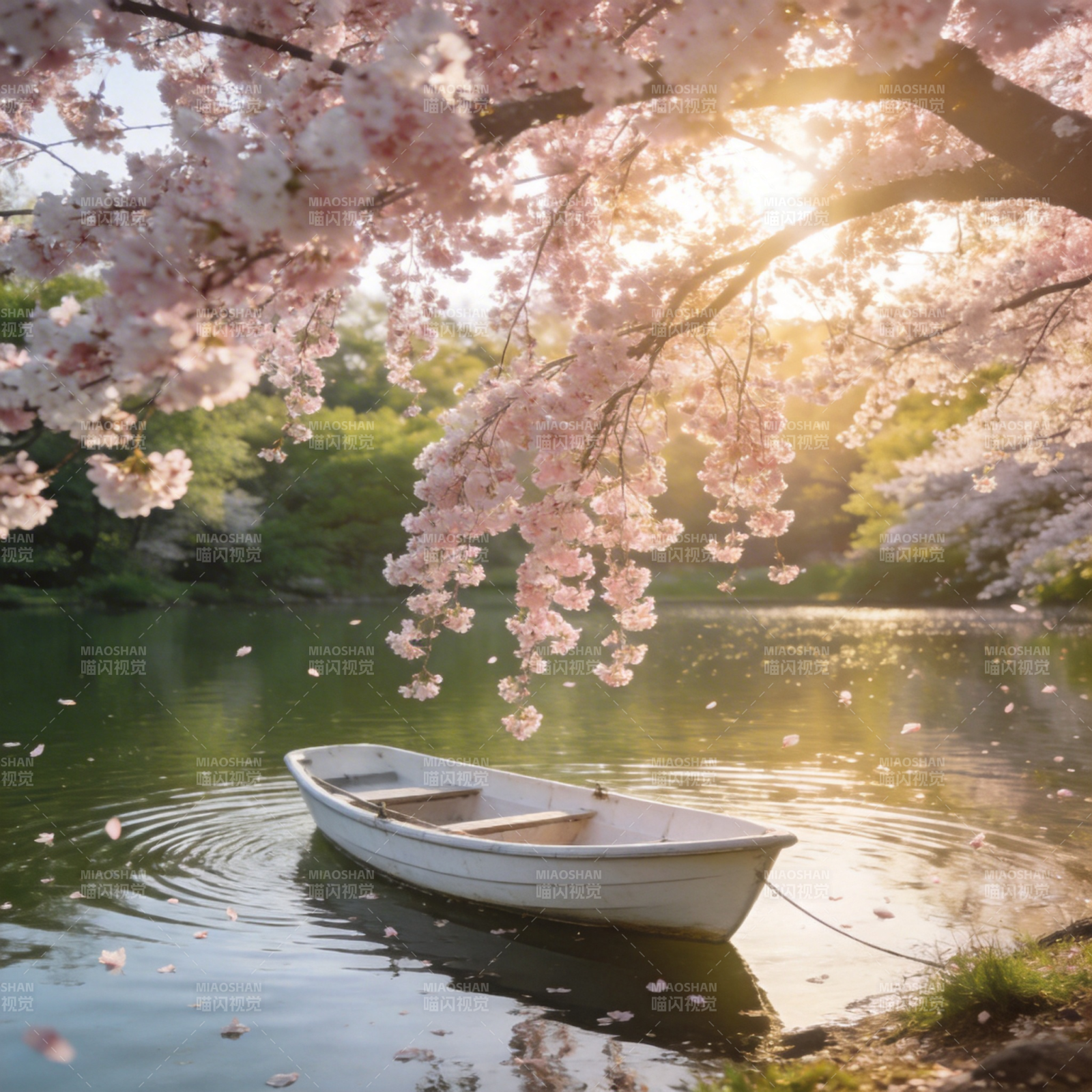 樱花映舟 春意盎然图片