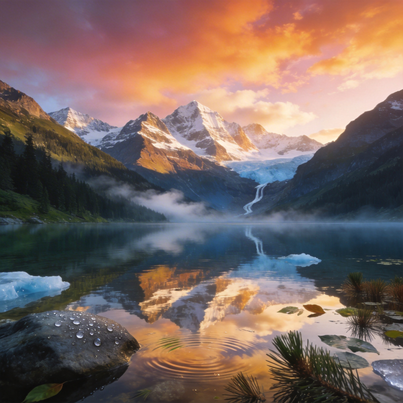 雪山湖影晨曦图片