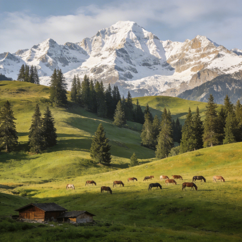 雪山下的牧马图图片