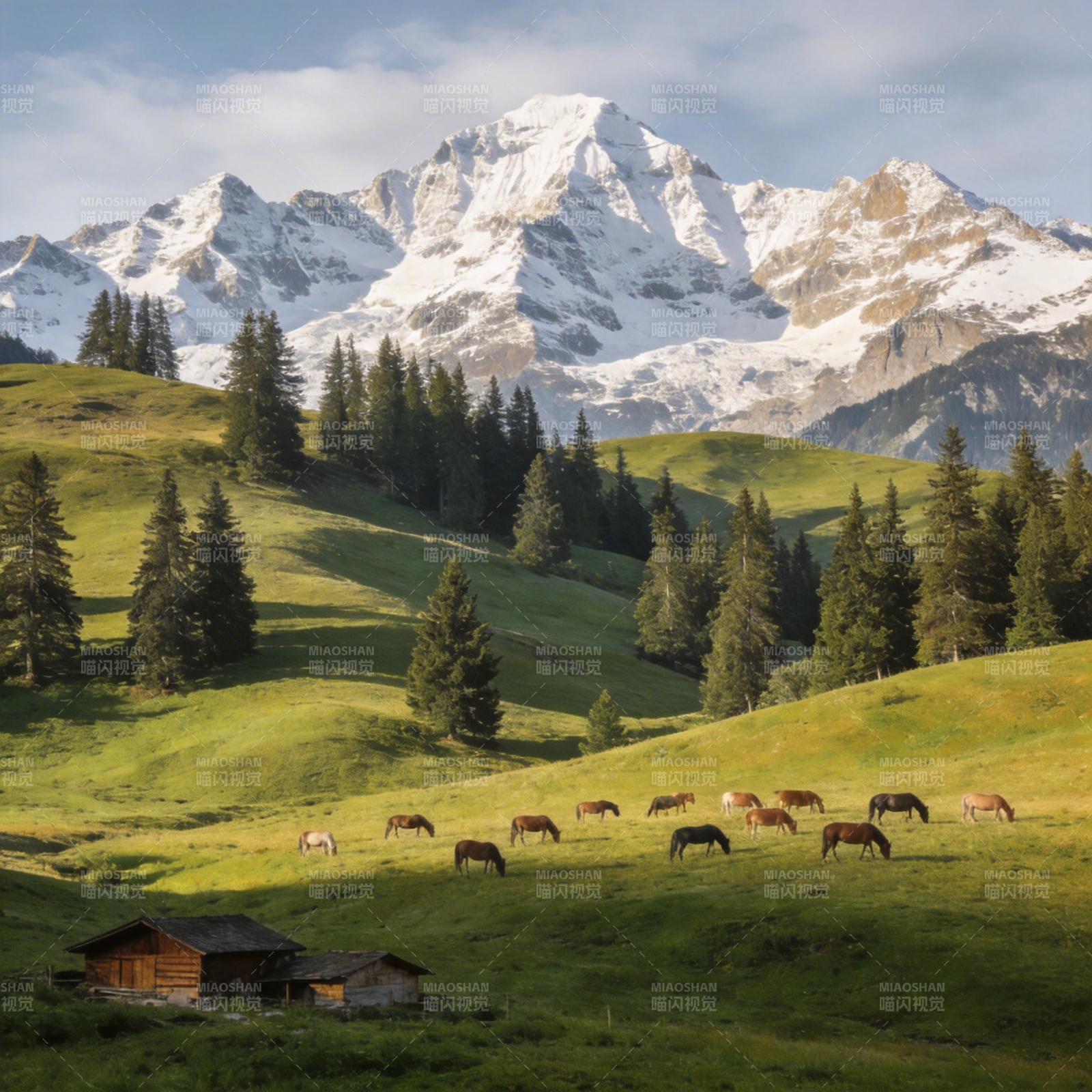 雪山下的牧马图图片