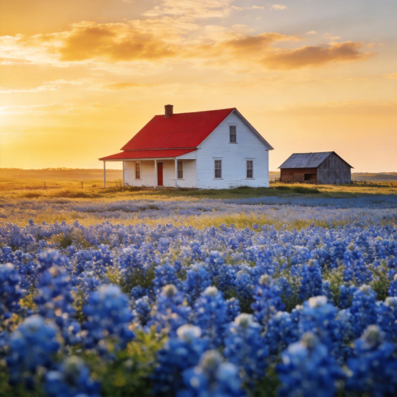 蓝花田中的小屋图片