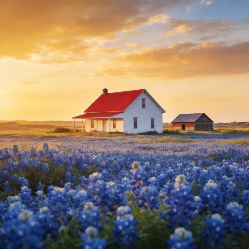 蓝花田野小屋图片