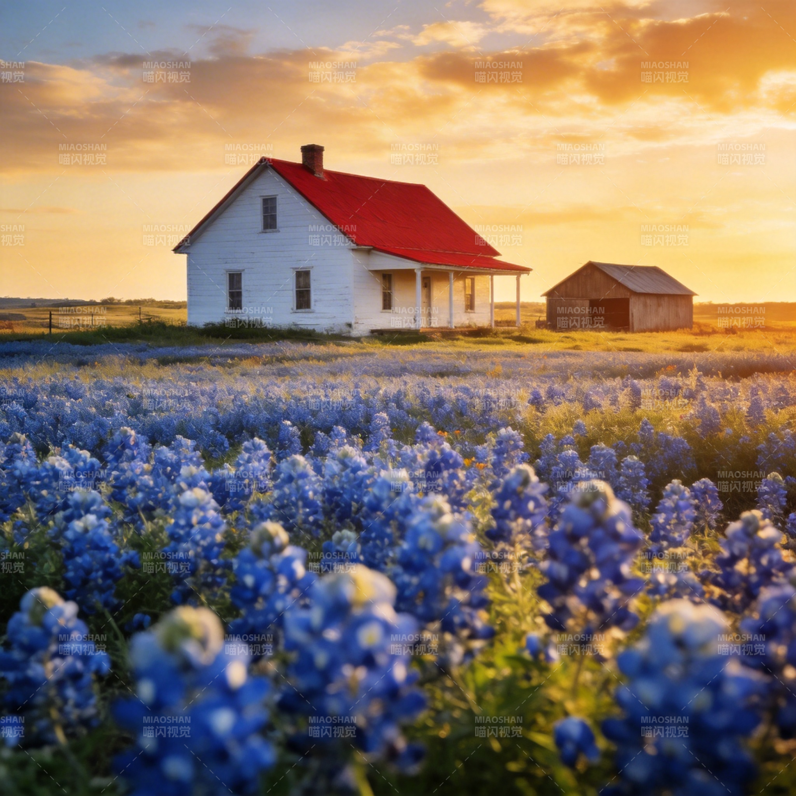蓝花映夕阳小屋图片