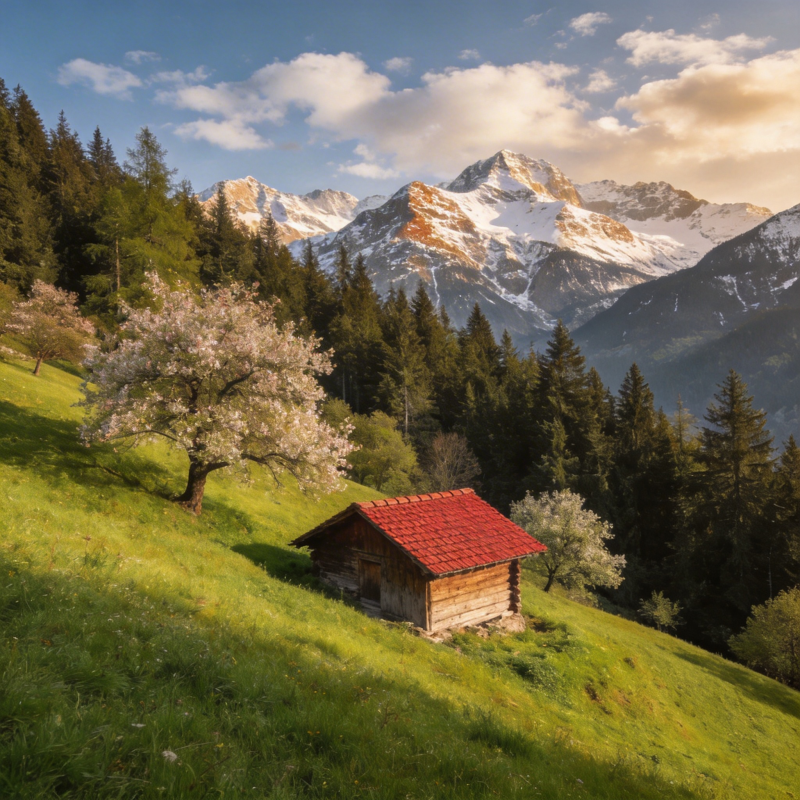 山间小屋春景图片