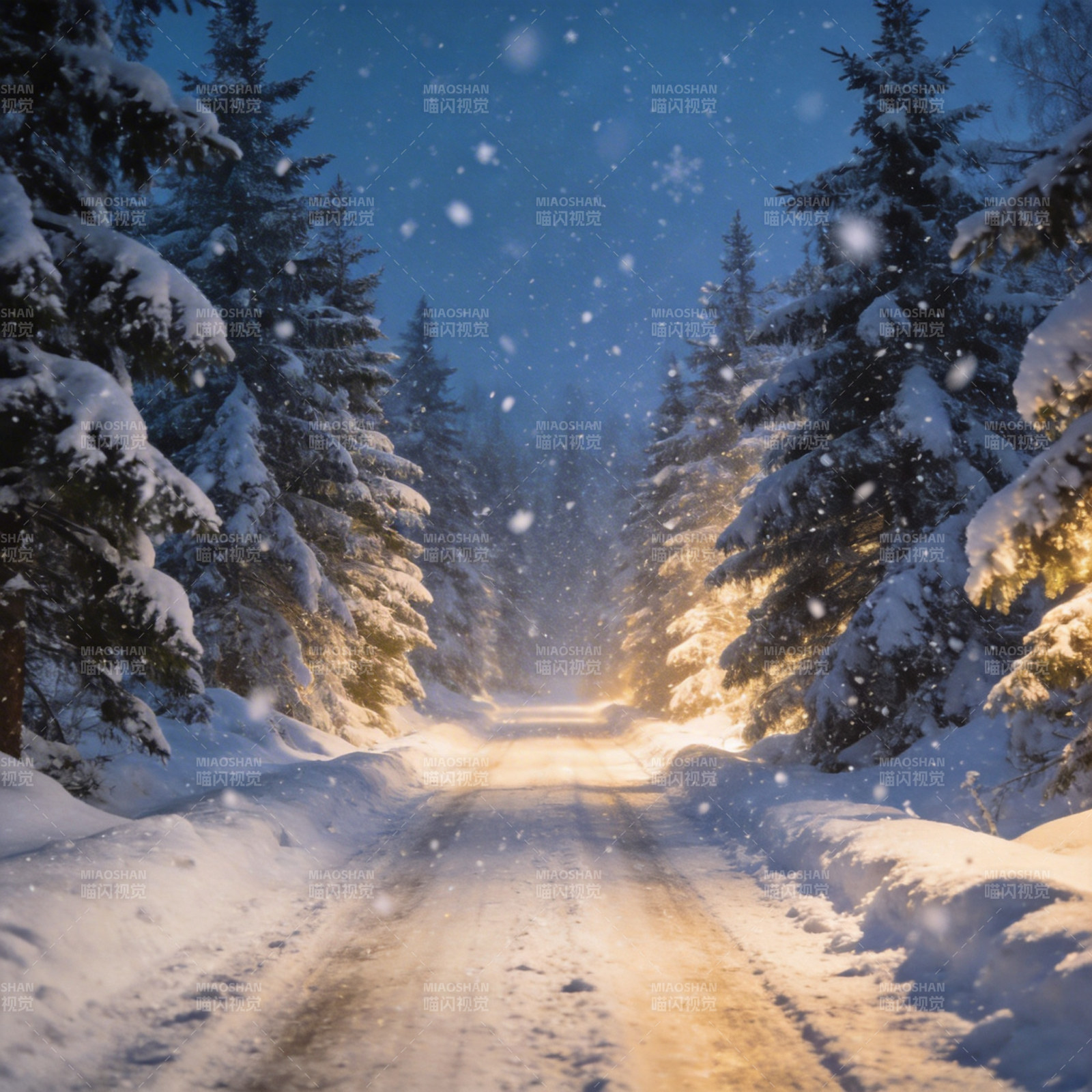 雪夜林间路图片