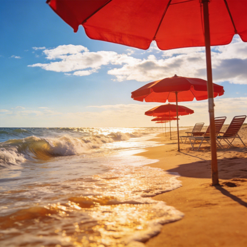 沙滩红伞迎日出图片