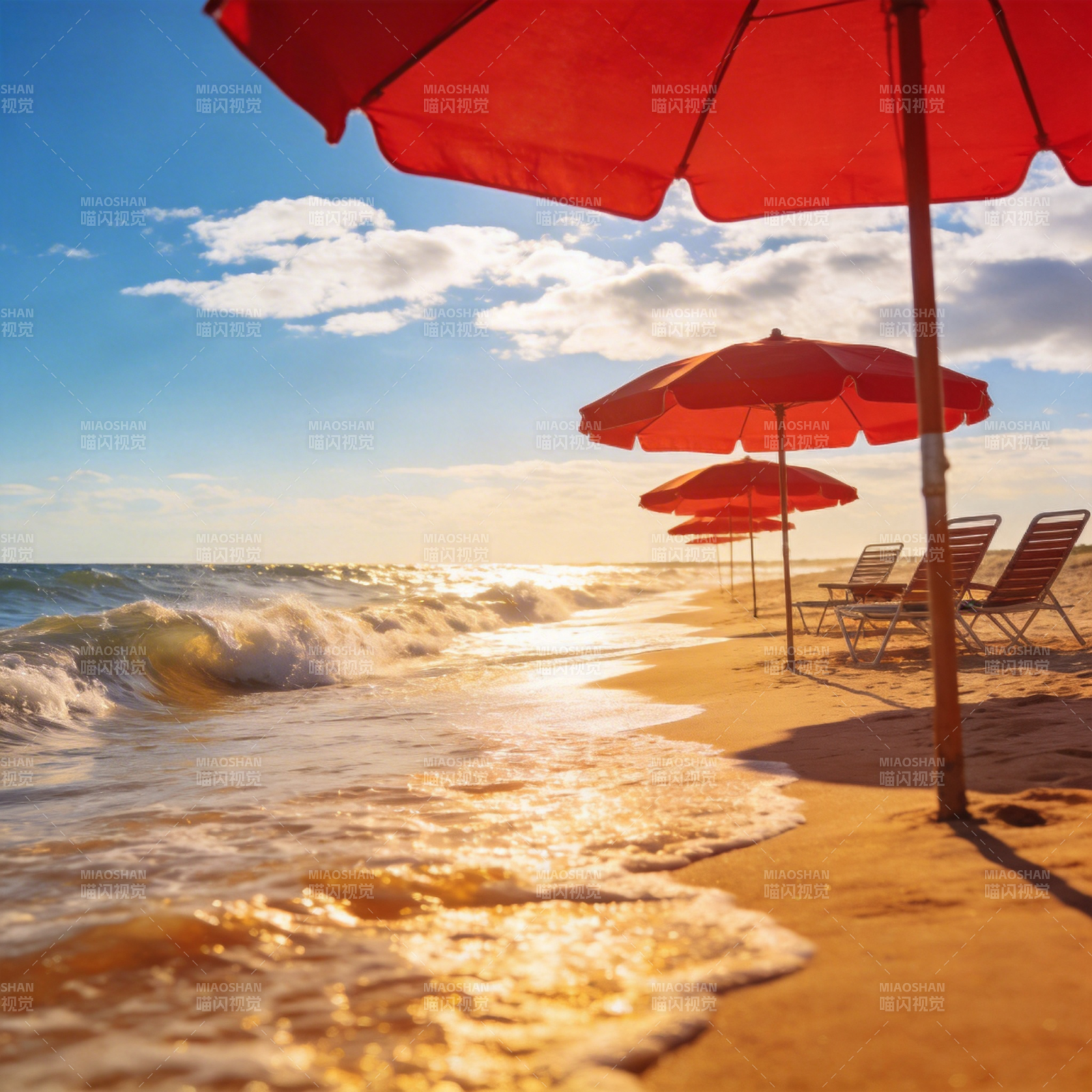 沙滩红伞迎日出图片