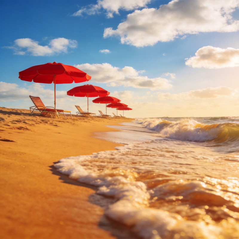 沙滩红伞迎海浪图片