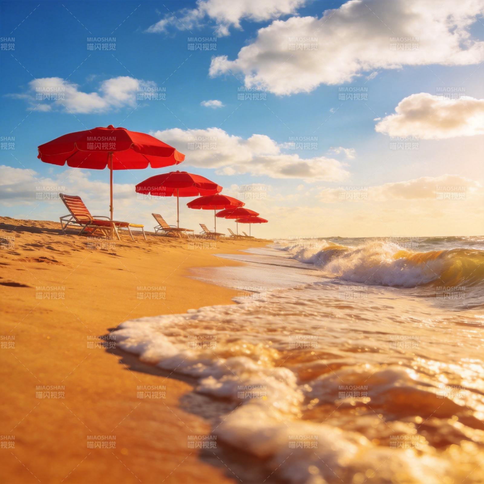 沙滩红伞迎海浪图片
