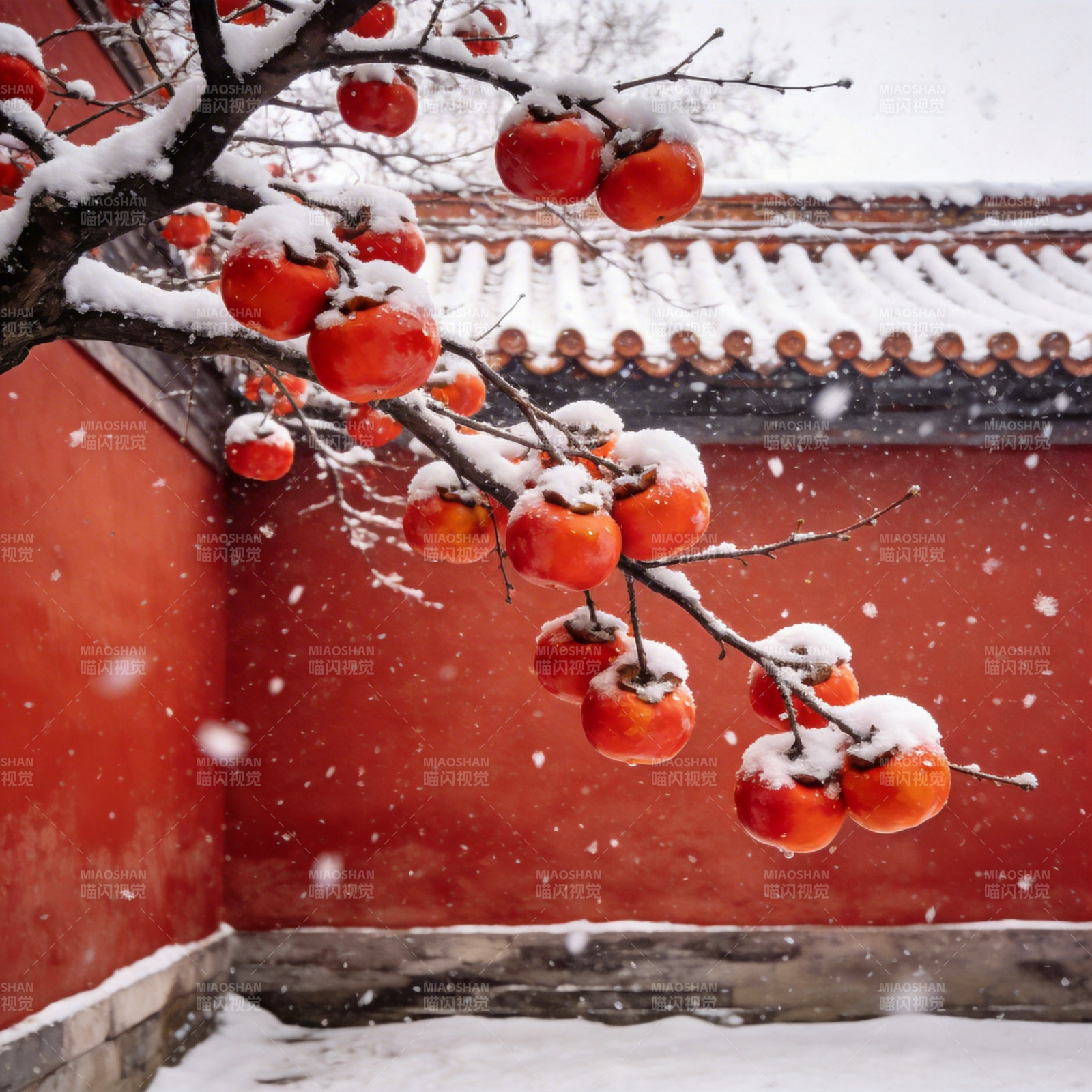 雪中柿子红图片